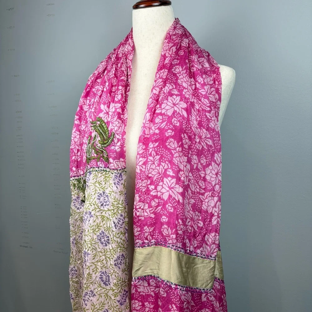 Sete di Jaipur Silk Beaded Sequin Embroidered Scarf 60x40 Hand Stitched Pink